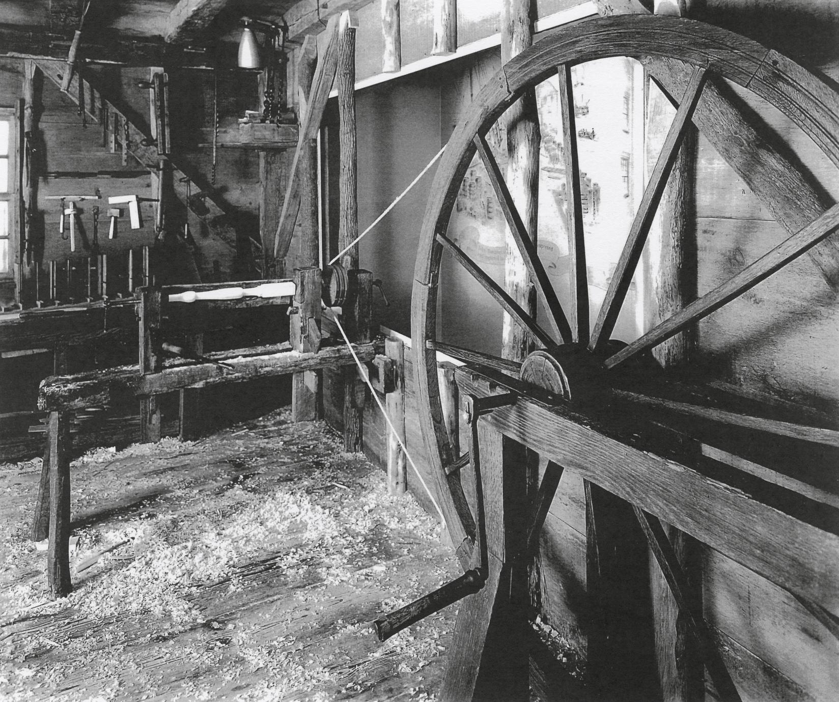 Black and white photograph of the great wheel lathe