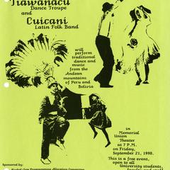 Poster for performance by Tiawanacu Dance Troupe and Cuicani Latin Folk Band