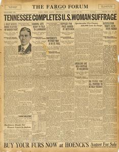 'Tennessee completes U.S. woman suffrage,' Fargo Forum headline