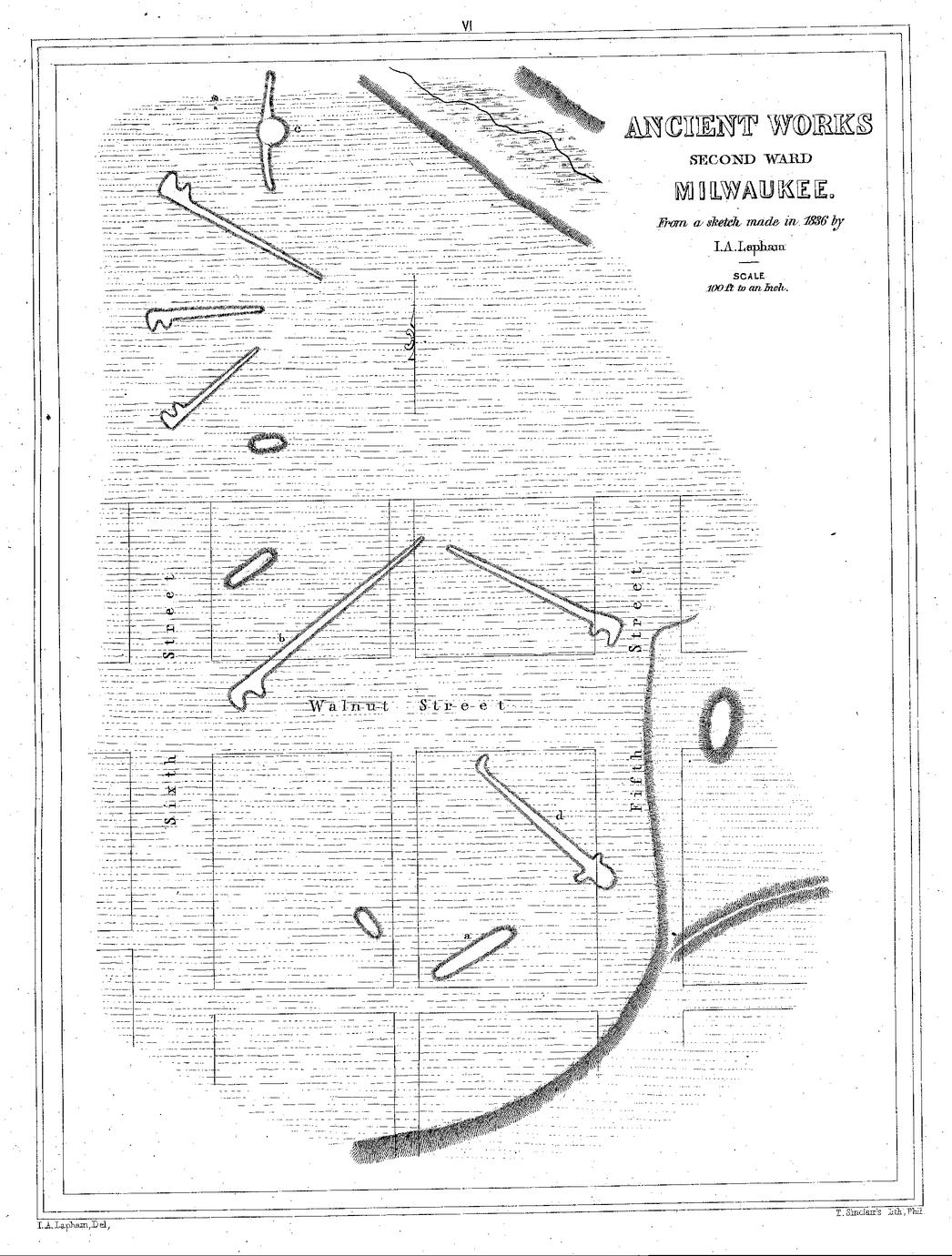 VI. Ancient Works / Second Ward / Milwaukee. From a sketch made in 1836 by I. A. Lapham. Scale 100 ft. to an inch.