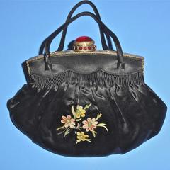 Black silk bag with tambour embroidery
