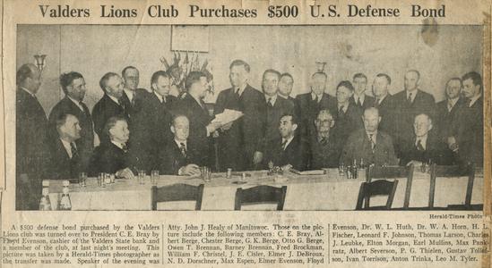 Valders Lions Club purchases $500 U.S. Defense bond