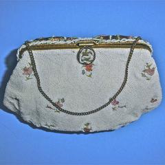 White beaded evening bag with tambour embroidery
