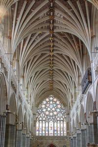 Exeter Cathedral interior nave looking towards the great west window