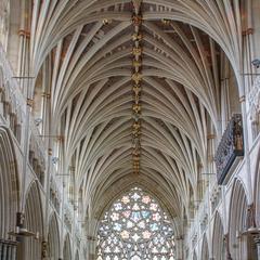 Exeter Cathedral interior nave looking towards the great west window
