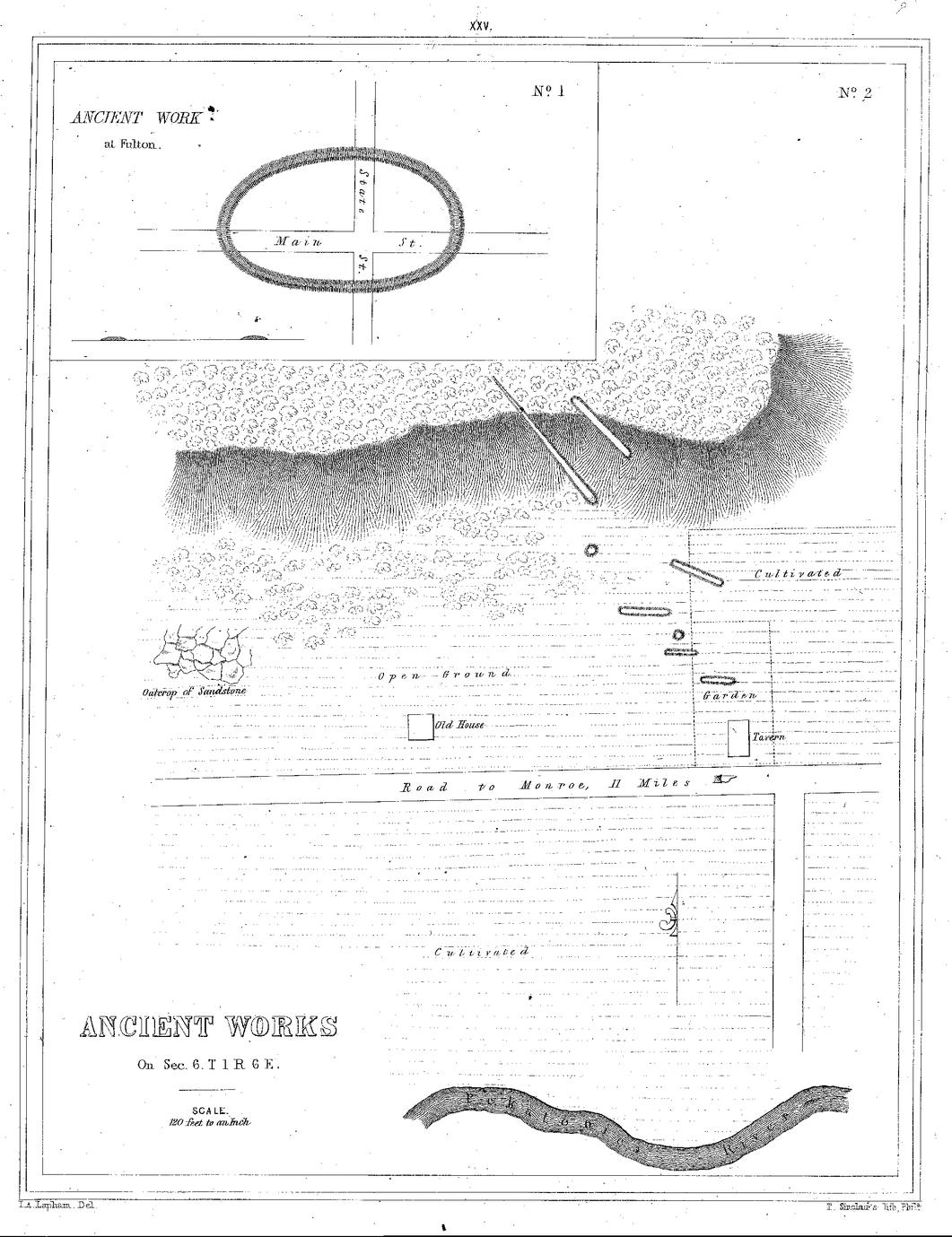 XXV. No. 2. Ancient Works on Sec. 6. T 1 R 6 E. Scale, 120 feet to an Inch / No. 1. Ancient Work at Fulton.