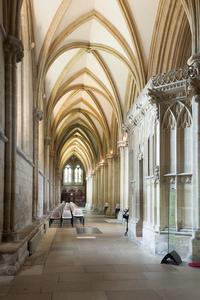 Wells Cathedral interior nave aisle looking west