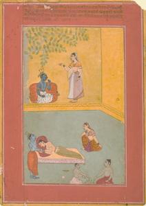 Krishna Waking the Sleeping Radha, folio from a series illustrating the Rasikapriya of Kesavadasa