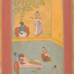 Krishna Waking the Sleeping Radha, folio from a series illustrating the Rasikapriya of Kesavadasa