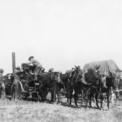 Soldiers of the US Army's 15th Infantry Regiment unloading cargo from horse-drawn cart.