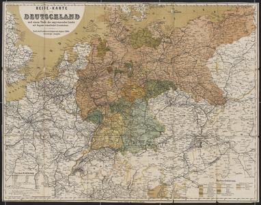 Reise-Karte von Deutschland und einem Theile der angrenzenden Länder mit Angabe sämmtlicher Eisenbahnen  : nach den Friedensverträgen von August 1866 berichtigte Ausgabe
