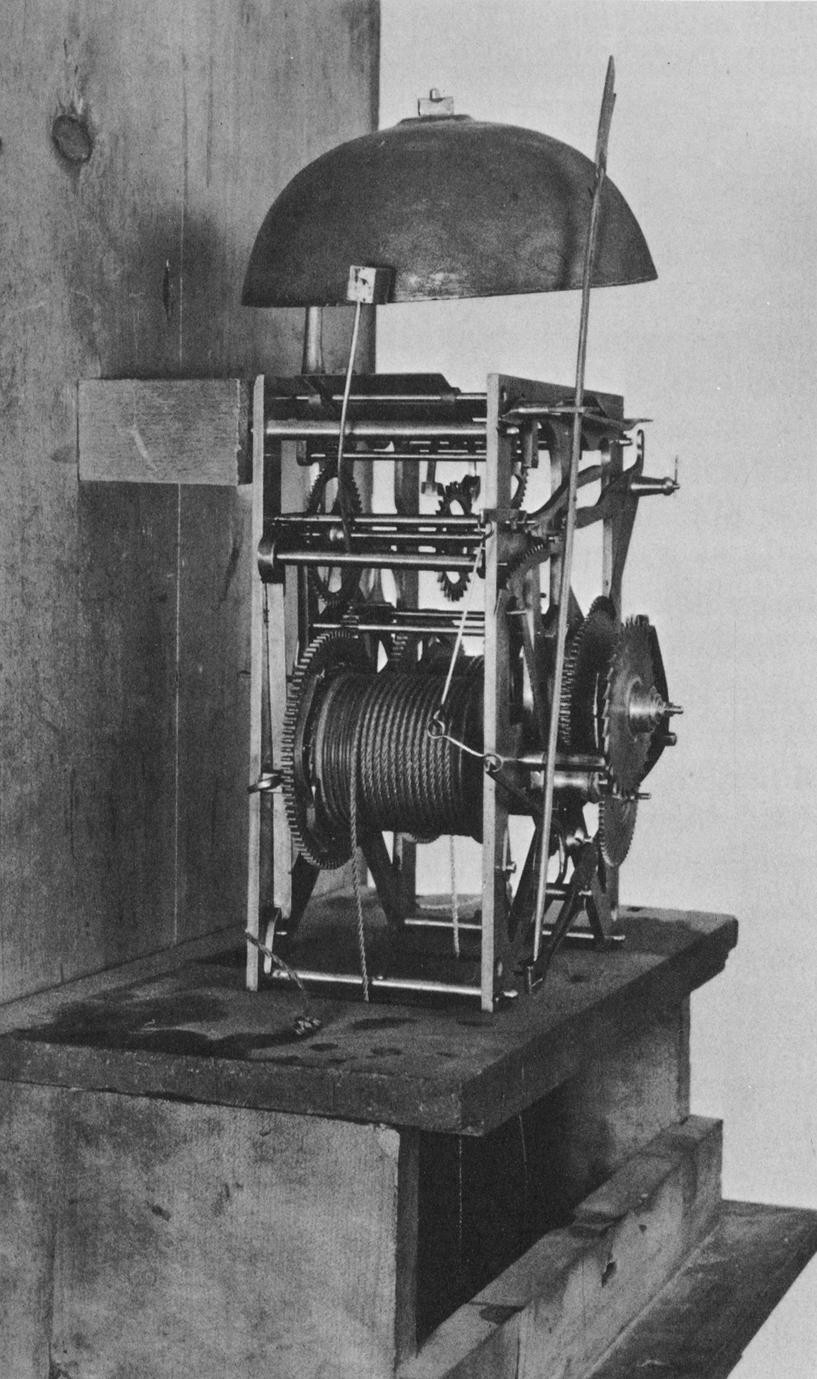 Black and white photograph of the gear system from an eight-day, strike, repeater clock.