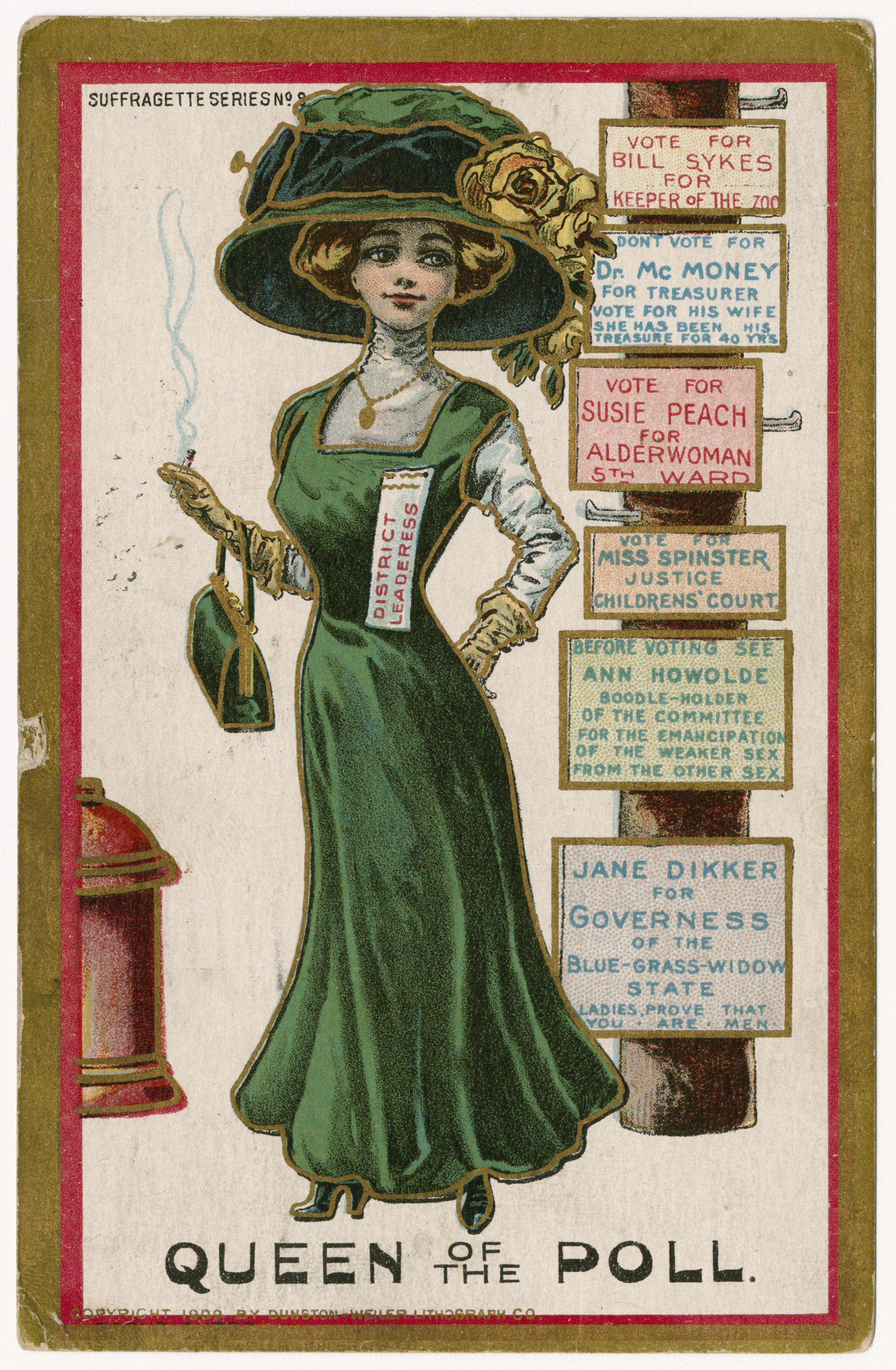 Queen of the poll, Suffragette Series no. 9 postcard (1 of 2) - UWDC -  UW-Madison Libraries