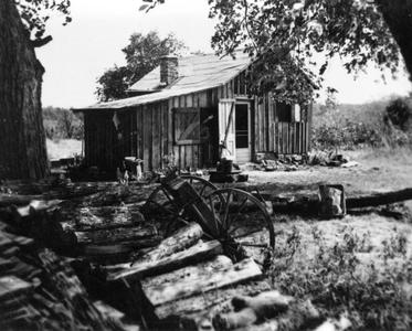 The Leopold Shack, Sauk County, Wisconsin, ca. 1936 (summer shot, framed by trees, woodpile in foreground)