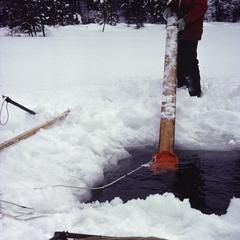 Bill Tonn pushing a fyke net along the ice