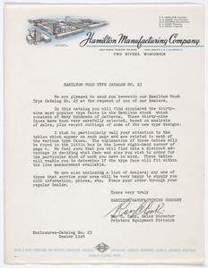 [Letter from Ray C. Cook, sales director of Hamilton Manufacturing Company regarding Hamilton wood type catalog no. 25]