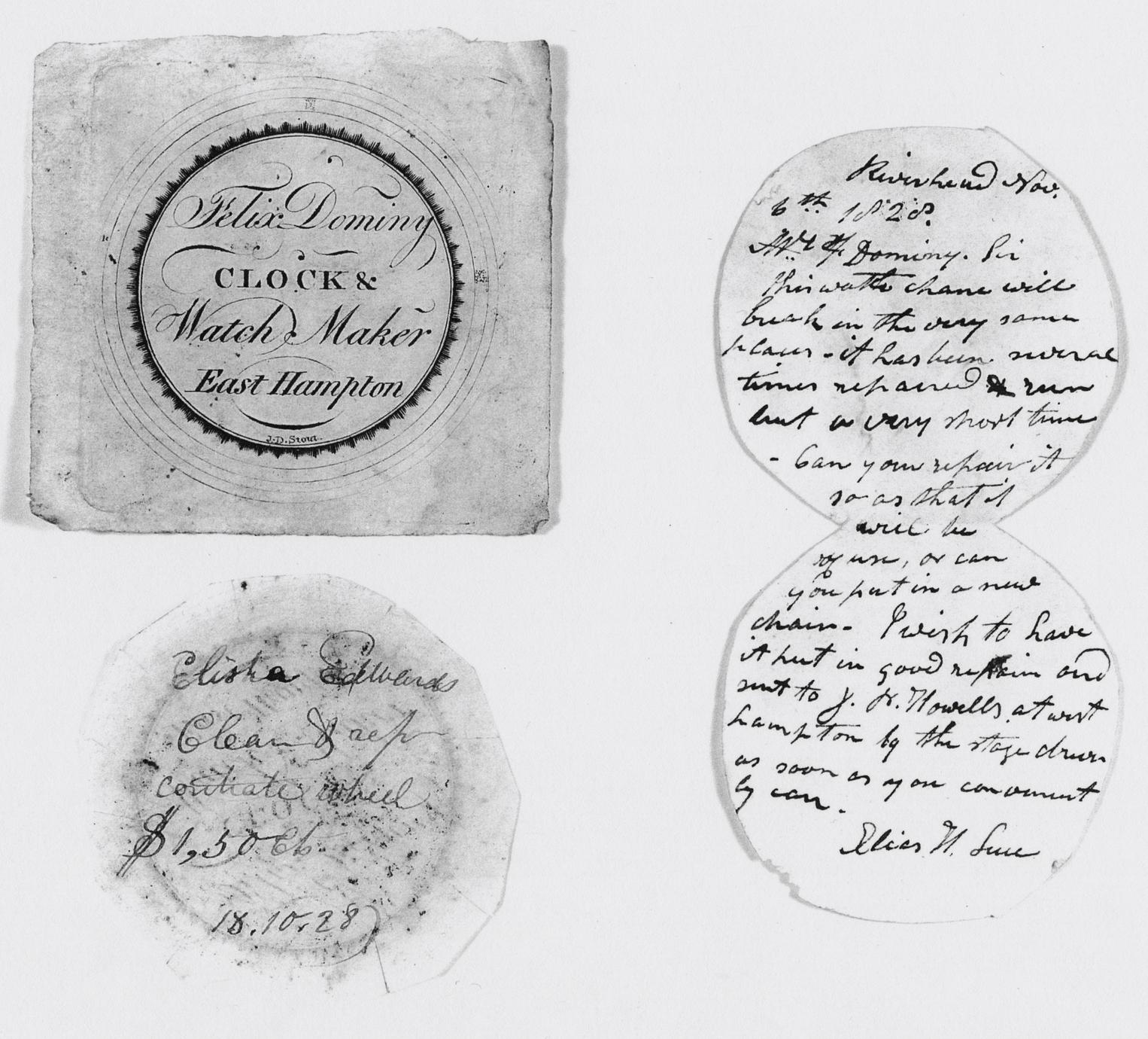 Black and white photograph of watch papers of Felix Dominy.