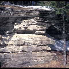 Winter view of rock outcrop of Niagra dolomite