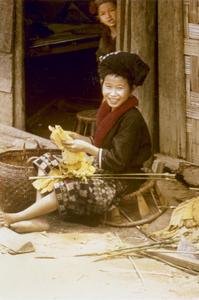 A Yao (Iu Mien) girl prepares tobacco for drying in the town of Nam Kheung in Houa Khong Province