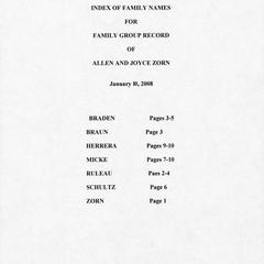 Zorn family history : index of family names for family group record of Allen and Joyce Zorn