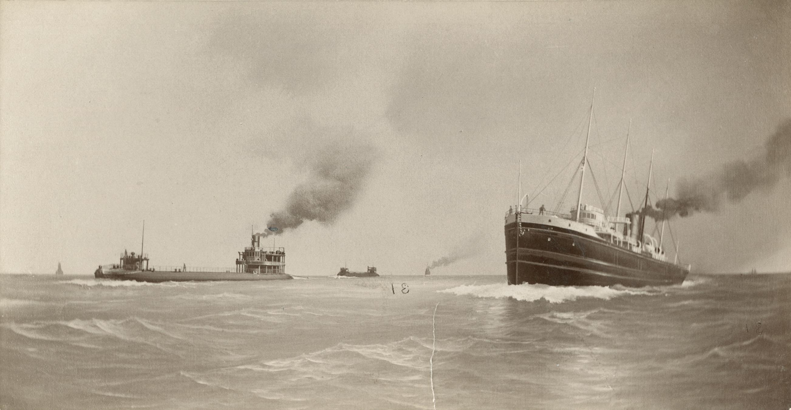 Drawing of whalebacks and other steam vessels under way - UWDC - UW-Madison  Libraries, image size:2605x1351