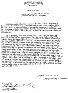 S.S. Alabama letter which approves surrender of her marine document