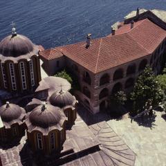 Above view of the courtyard and catholicon of Pantocrator Monastery