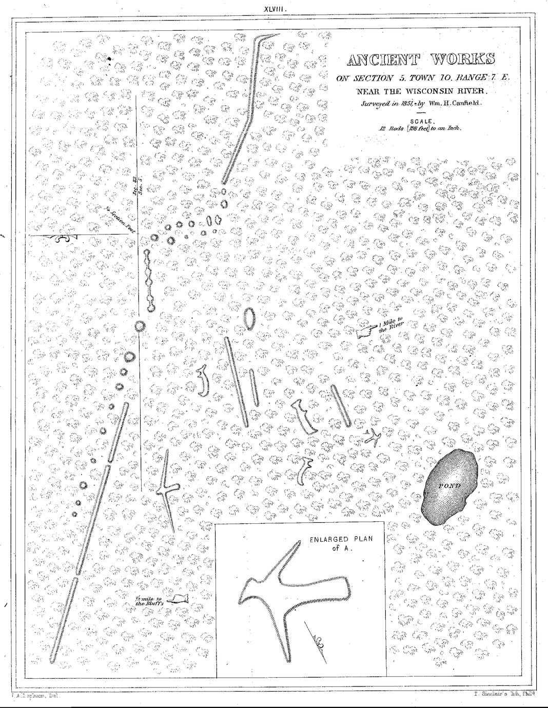 XLVIII. Ancient Works On Section 5. Town 10. Range 7. E. Near the Wisconsin River. Surveyed in 1851,&mdash;by Wm. H. Canfield. Scale, 12 Rods [198 feet] to an Inch.