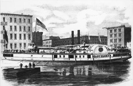 A lithograph from Frank Leslie's Illustrated Newspaper of the Lady Elgin docked