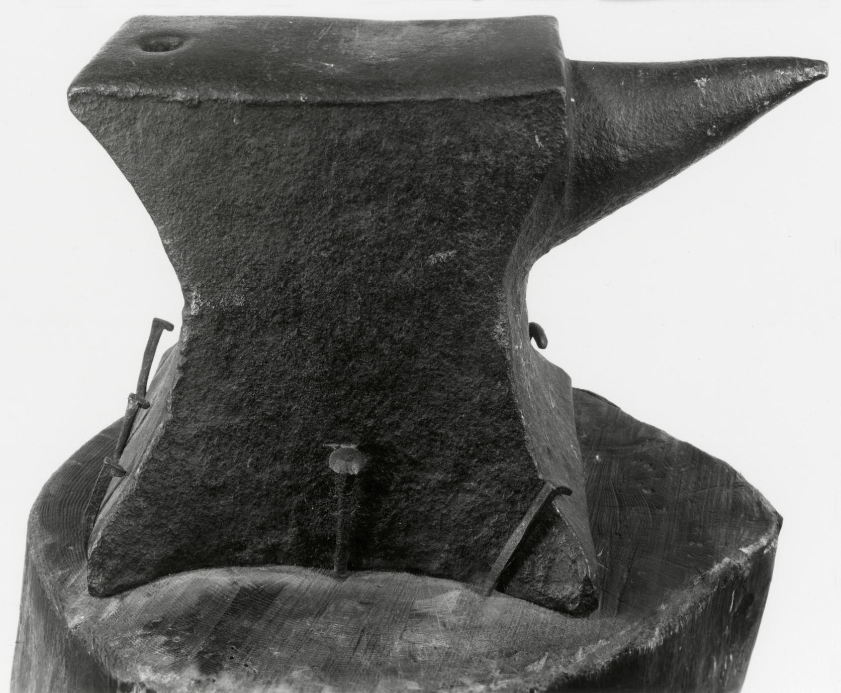 Black and white photograph of a blacksmith's anvil.