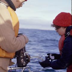 Measuring dissolved oxygen on deck of R/V Neeskay