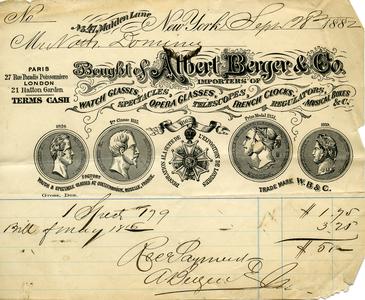Bill from Albert Berger & Co. to Nathaniel Dominy VII, 1882