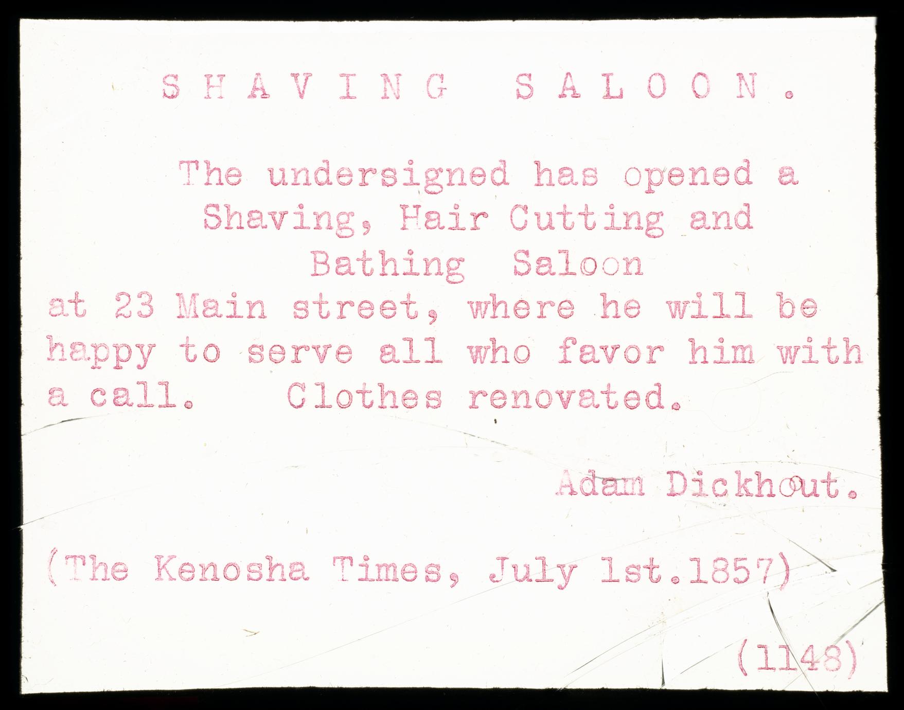 Advertisement - barber shop - "shaving saloon"