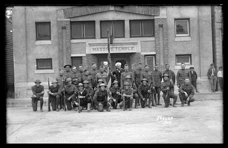 Soldiers in front of masonic temple