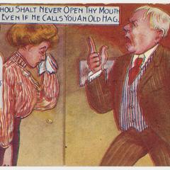 'Thou shalt never open thy mouth' postcard