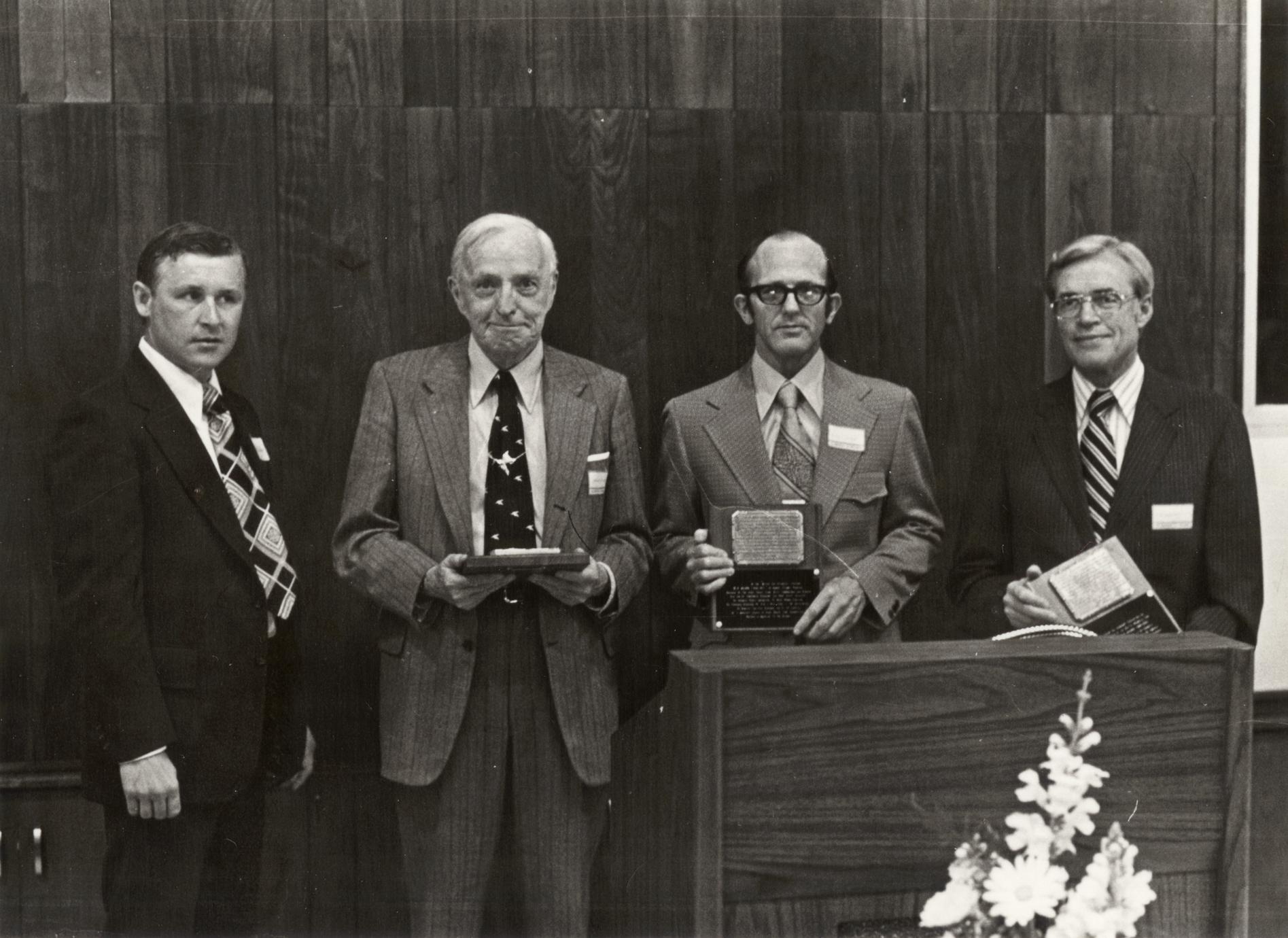 James Alexander, Joseph Hickey, Robert Clark and Pat Felker at the naming ceremony, University of Wisconsin--Marshfield/Wood County, May 4, 1974