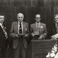 James Alexander, Joseph Hickey, Robert Clark and Pat Felker at the naming ceremony, University of Wisconsin--Marshfield/Wood County, May 4, 1974
