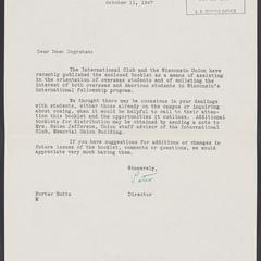 International Club brochure, and letter from Memorial Union director, Porter Butts