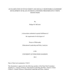 AN EXAMINATION OF INVOLVEMENT AND SOCIALLY RESPONSIBLE LEADERSHIP DEVELOPMENT OF BLACK STUDENTS ATTENDING PREDOMINANTLY WHITE INSTITUTIONS