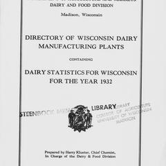 Directory of Wisconsin dairy manufacturing plants : containing dairy statistics for Wisconsin for the year 1932