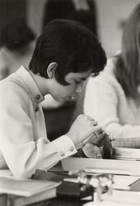 Female student in science class, University of Wisconsin--Marshfield/Wood County, November 1, 1971