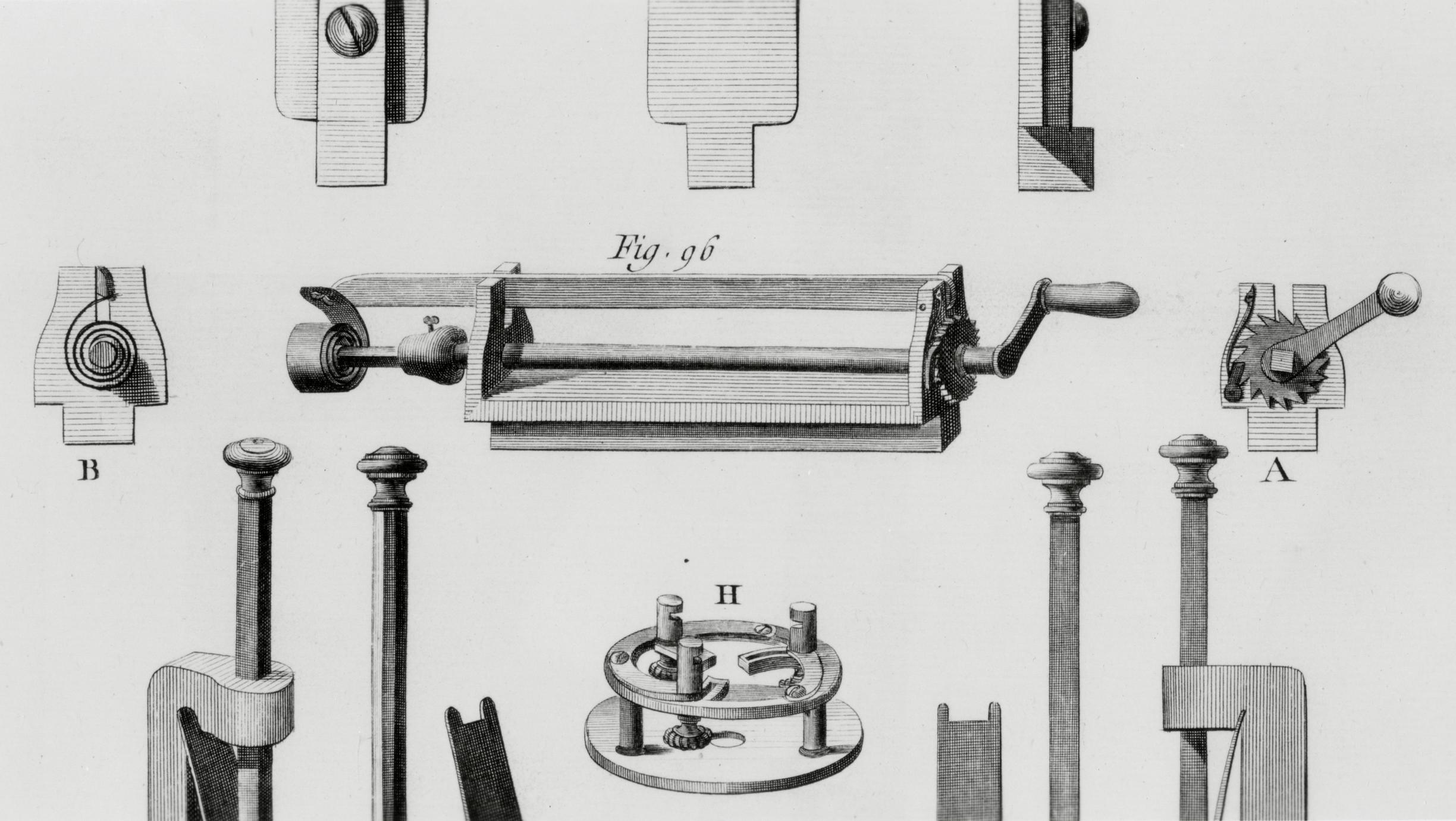 Black and white illustration of the tool used to put watch springs on their barrels.