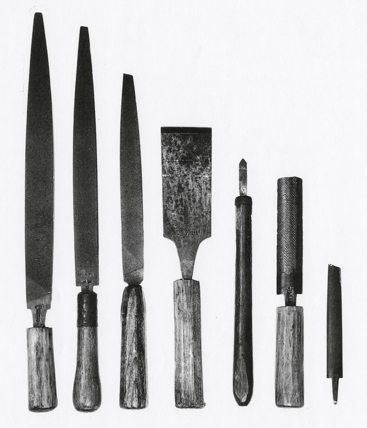 Six examples of files, woodworking and metalworking tools.