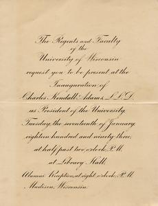 Invitation to the inauguration ceremony for Charles Kendall Adams