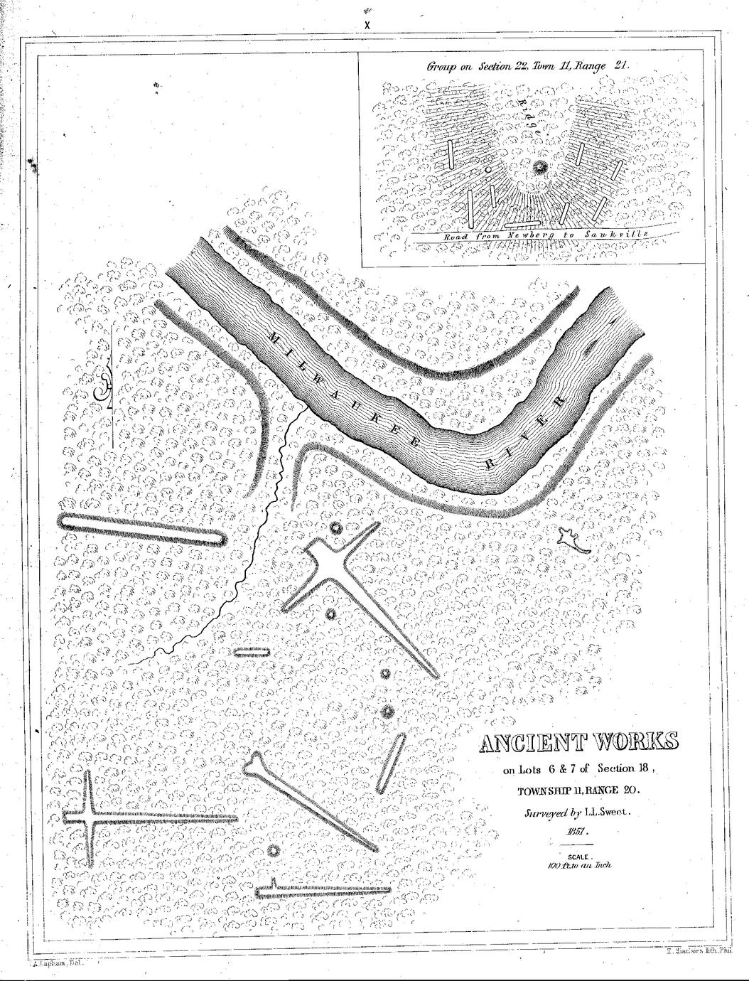 X. Ancient Works on Lots 6 & 7 of Section 18, Township 11, Range 20. Surveyed by L. L. Sweet. 1851. Scale, 100 ft. to an Inch