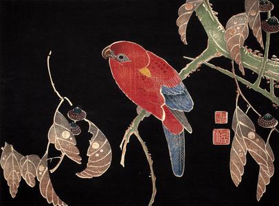 Red Parrot on Oak Branch, no. 5 from the series Six Genuine Pictures by Ito Jakuchu