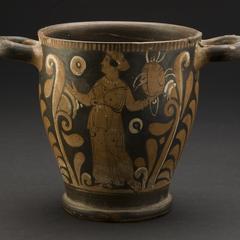 Wine Cup (Skyphos) with Ephebe and Woman Playing Tambourine
