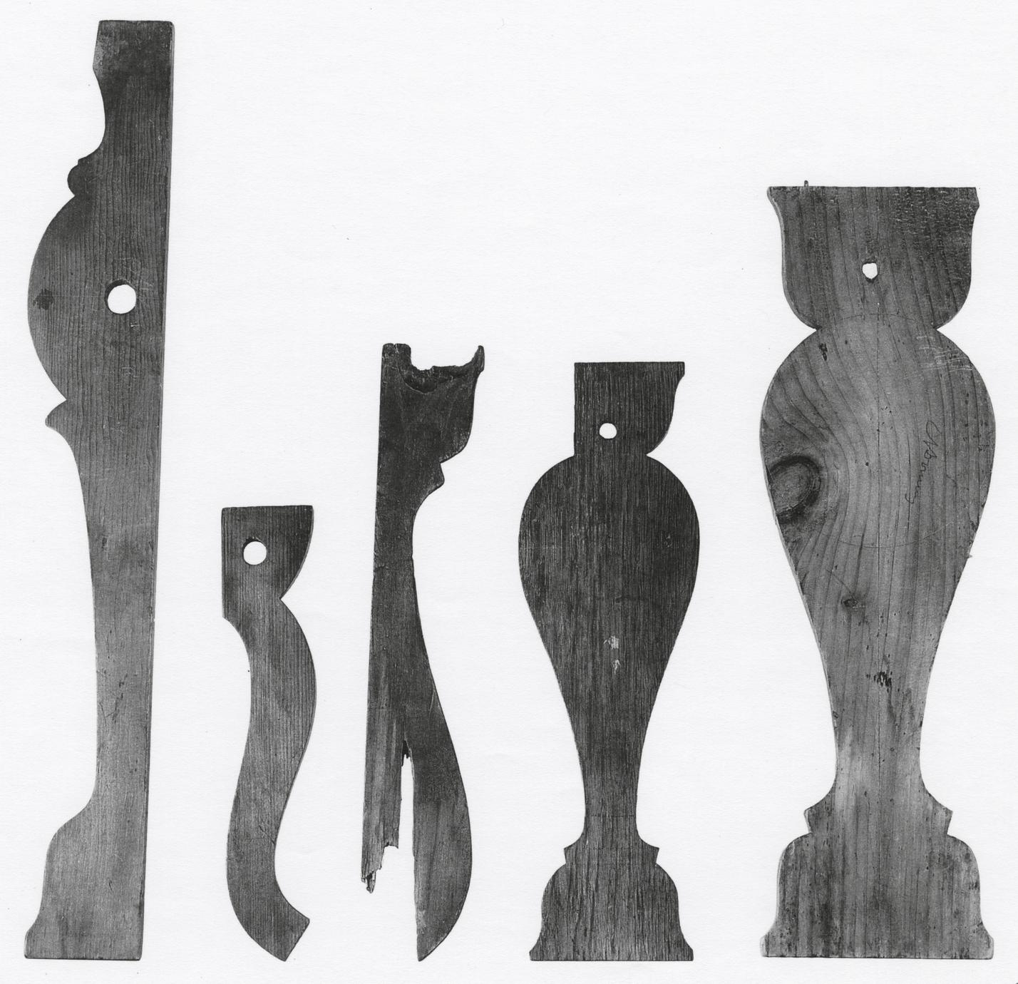 Black and white photograph of various cresting rail and splat patterns.