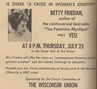 Betty Friedan speaker advertisement
