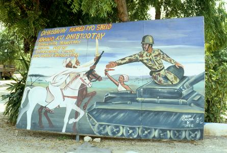 Political Sign with Past Soldiers Passing Weapons to Today's